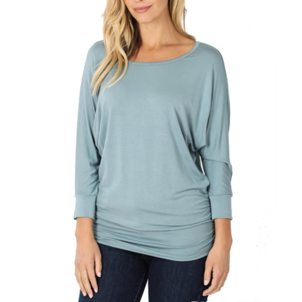 Blue Grey 3/4 Sleeve Shirred Dolman Shirt